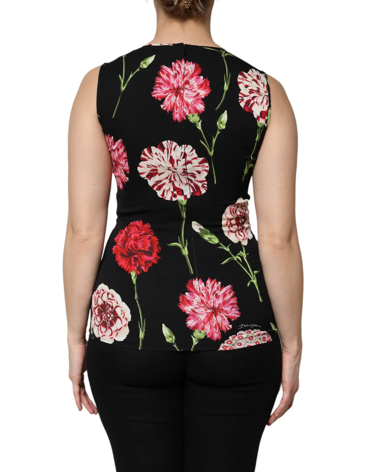 Dolce & gabbana débardeur noir à motif floral vibrant de carnations roses et rouges sur tiges vertes