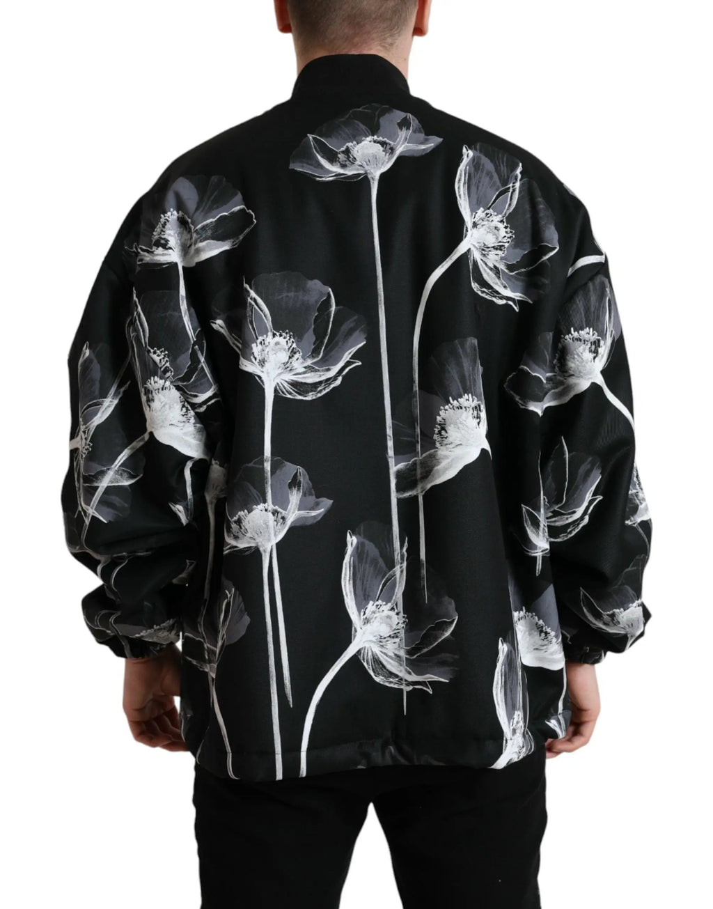 Dolce & gabbana bomber en laine noir avec motif floral blanc audacieux et pétales délicats