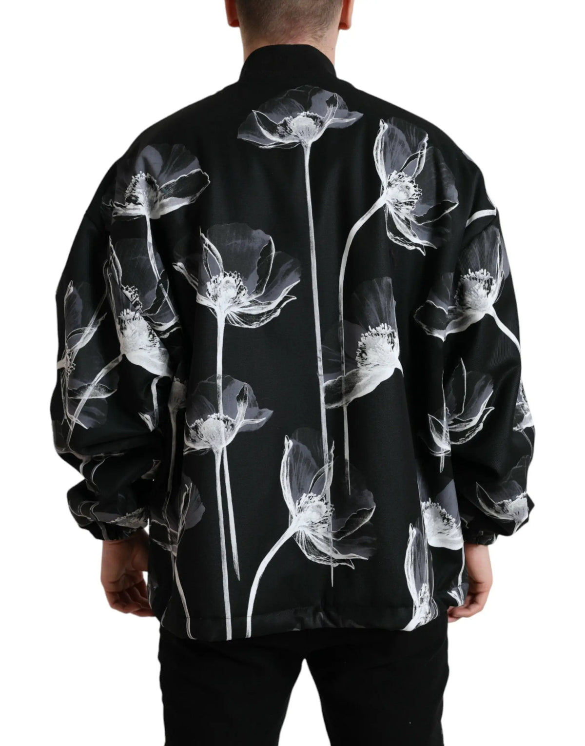 Dolce & gabbana bomber en laine noir avec motif floral blanc audacieux et pétales délicats
