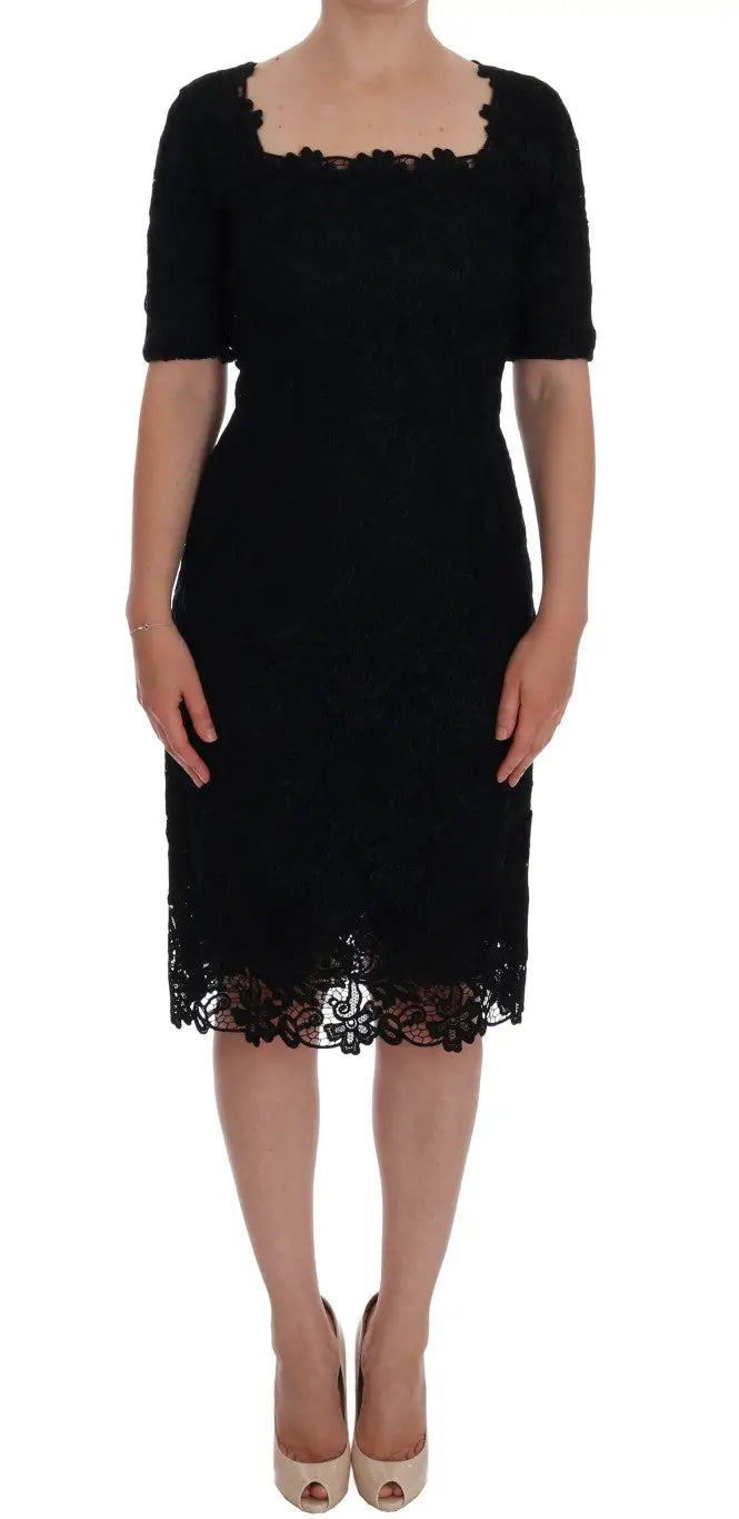 Robe midi noire en dentelle avec manches courtes et col carré dolce & gabbana ricamo floral