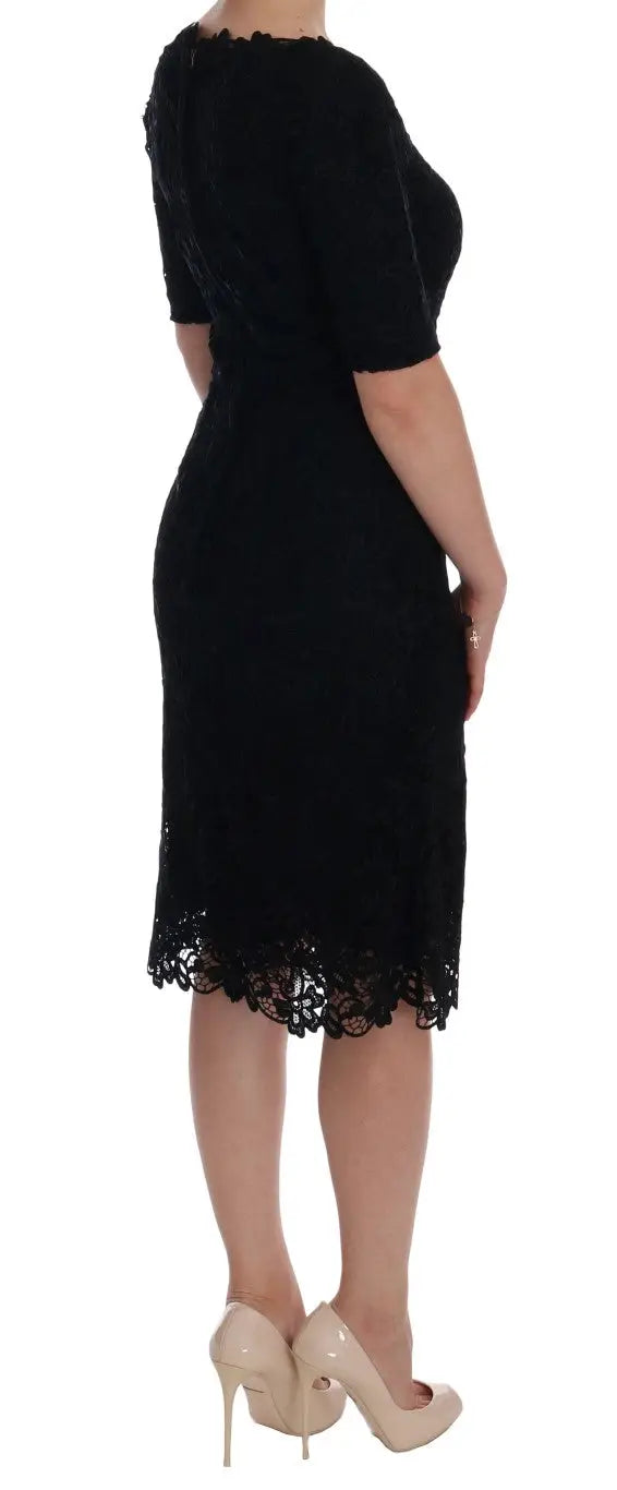 Robe midi noire en dentelle avec manches courtes et silhouette ajustée dolce gabbana floral ricamo sheath