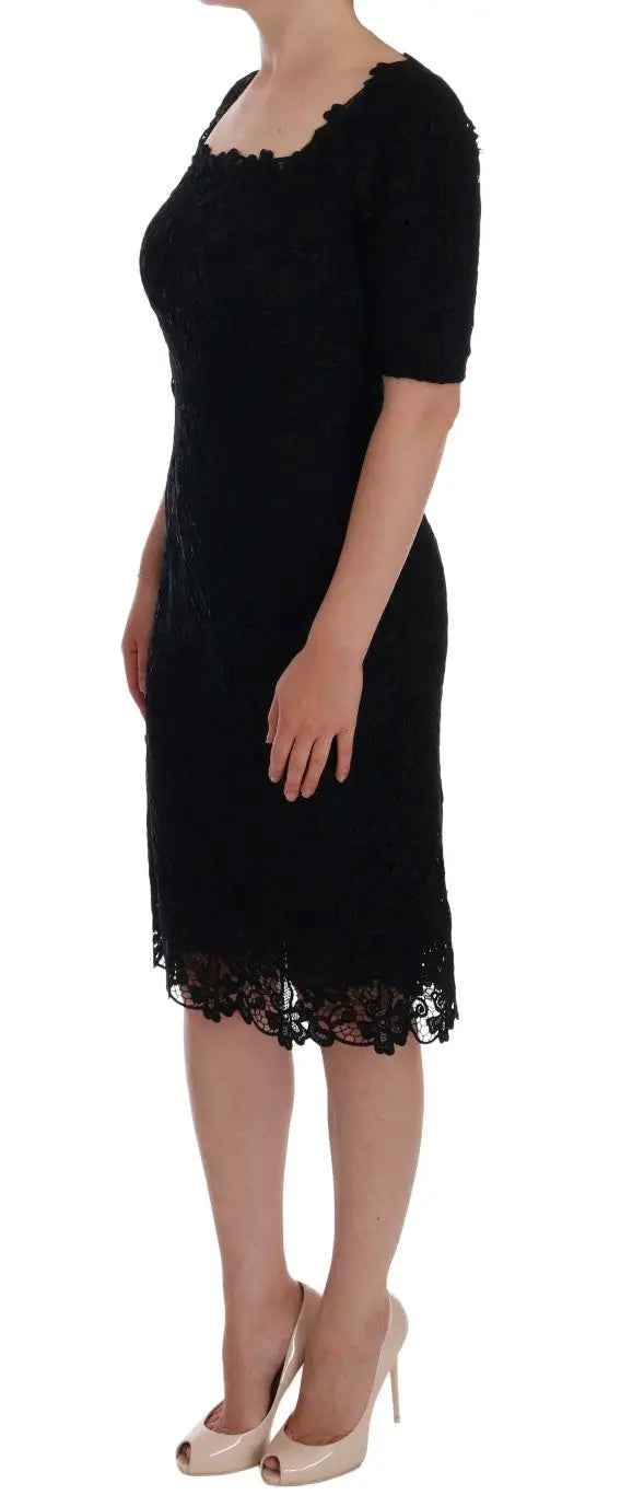 Robe midi noire dolce & gabbana en dentelle florale ricamo avec manches courtes et encolure carrée