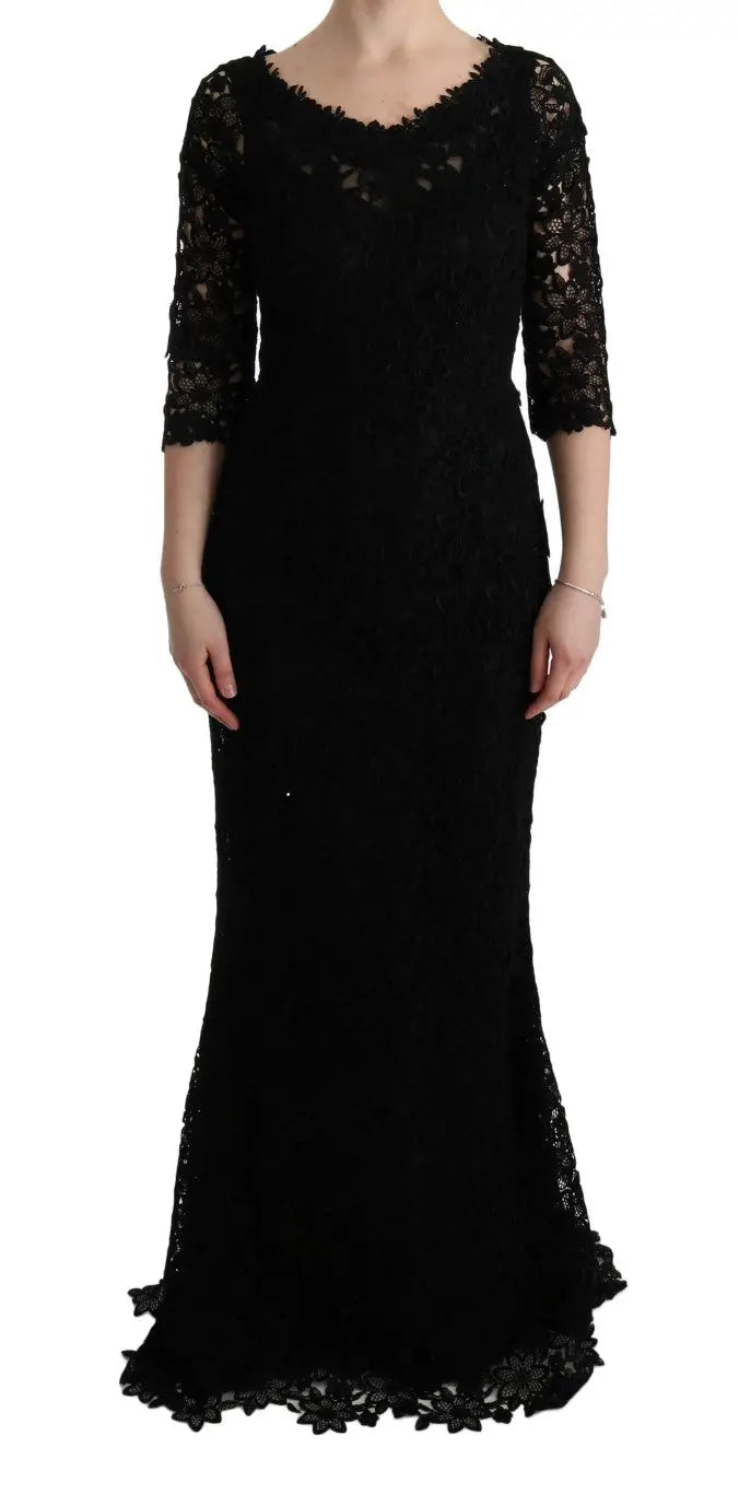 Robe longue noire dolce & gabbana en dentelle florale élégante avec manches trois quarts et col en v plongeant