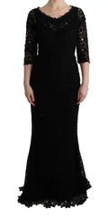 Robe longue noire dolce & gabbana en dentelle florale élégante avec manches trois quarts et col en v plongeant