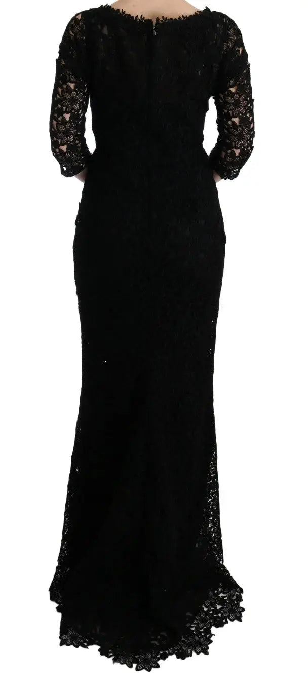 Robe longue noire dolce & gabbana en dentelle florale ricamo avec manches longues et silhouette sirène ajustée