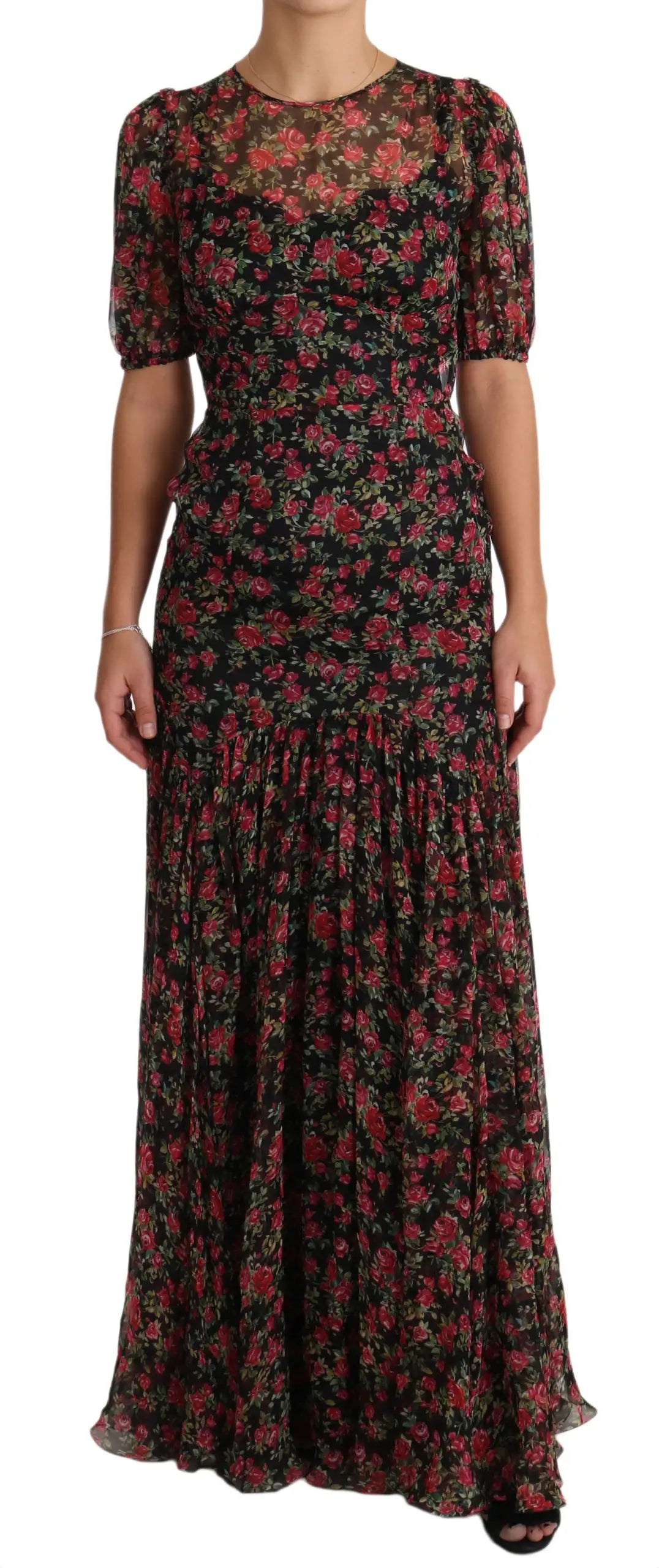 Dolce & Gabbana robe longue noire et rouge à fleurs avec encolure transparente manches ballons et jupe plissée