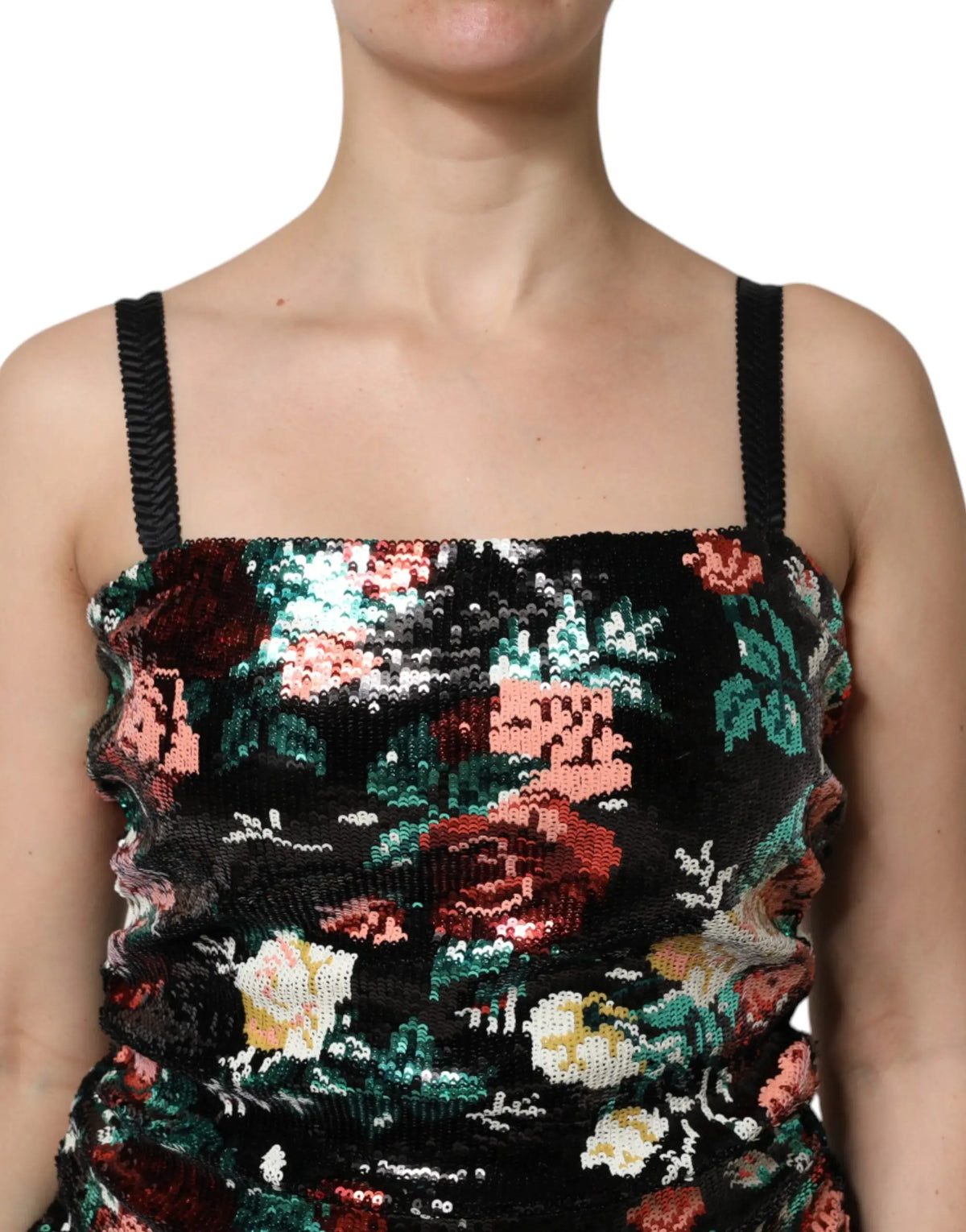 Robe fourreau sans manches noire dolce & gabbana avec top en sequins et motif floral rose vert blanc rouge