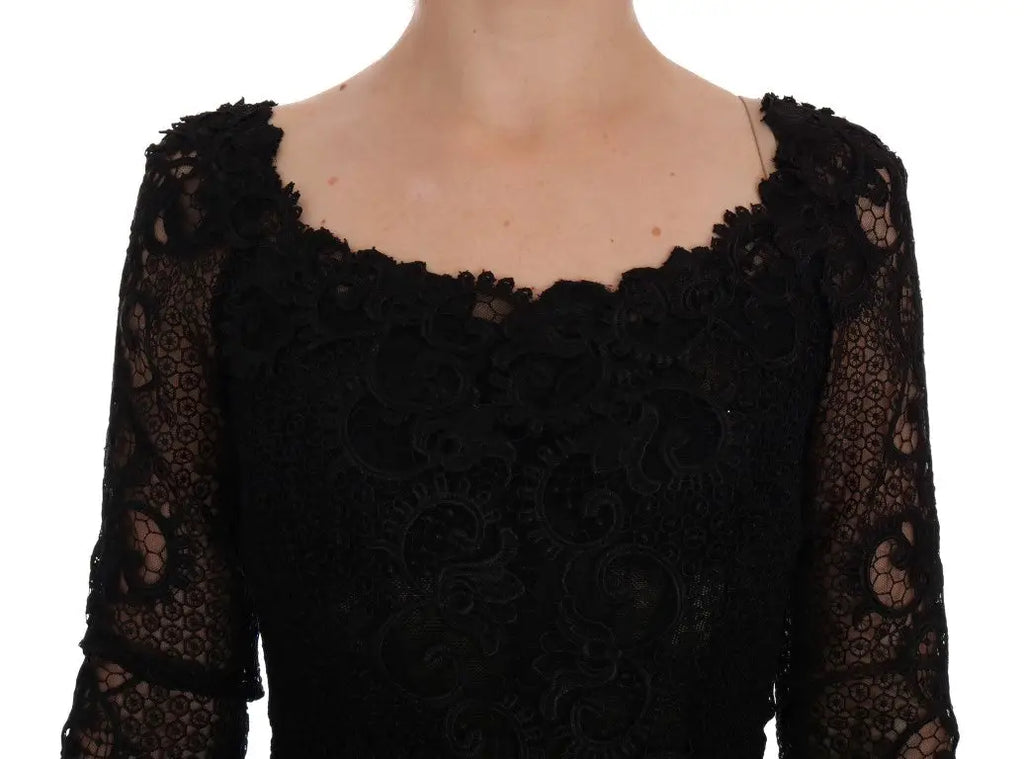 Robe fourreau noire dolce & gabbana en dentelle à motifs floraux avec manches longues transparentes
