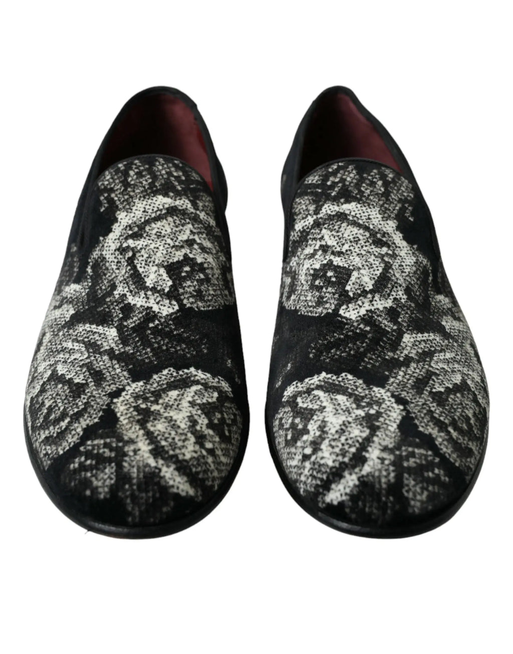 Dolce & gabbana mocassins noirs homme en cuir avec motif floral texturé monochrome blanc et gris