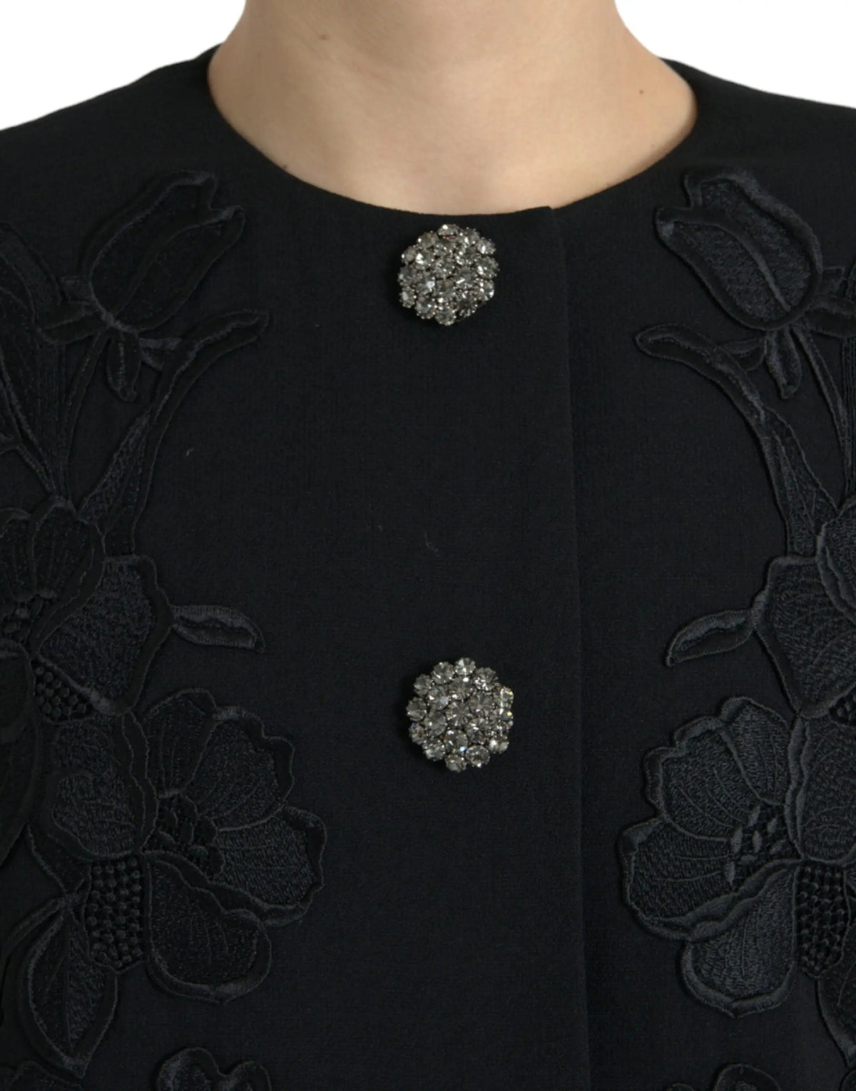 Veste noire en laine dolce & gabbana avec broderie florale détaillée et boutons en cristal scintillants
