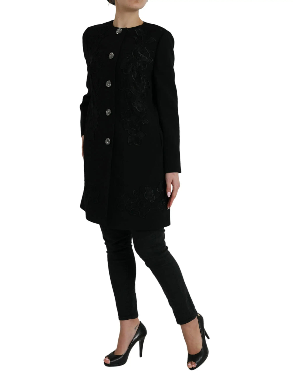 Manteau noir dolce & gabbana en laine avec boutons argentés et broderie florale subtile