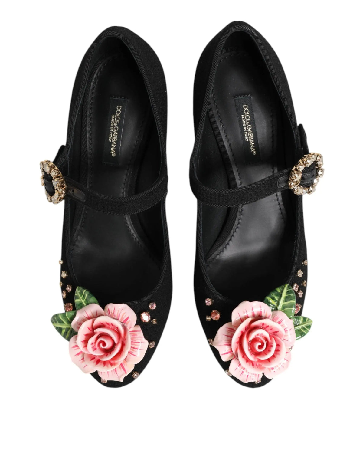 Dolce & gabbana escarpins mary jane noirs ornés de roses roses et cristaux étincelants avec feuilles vertes