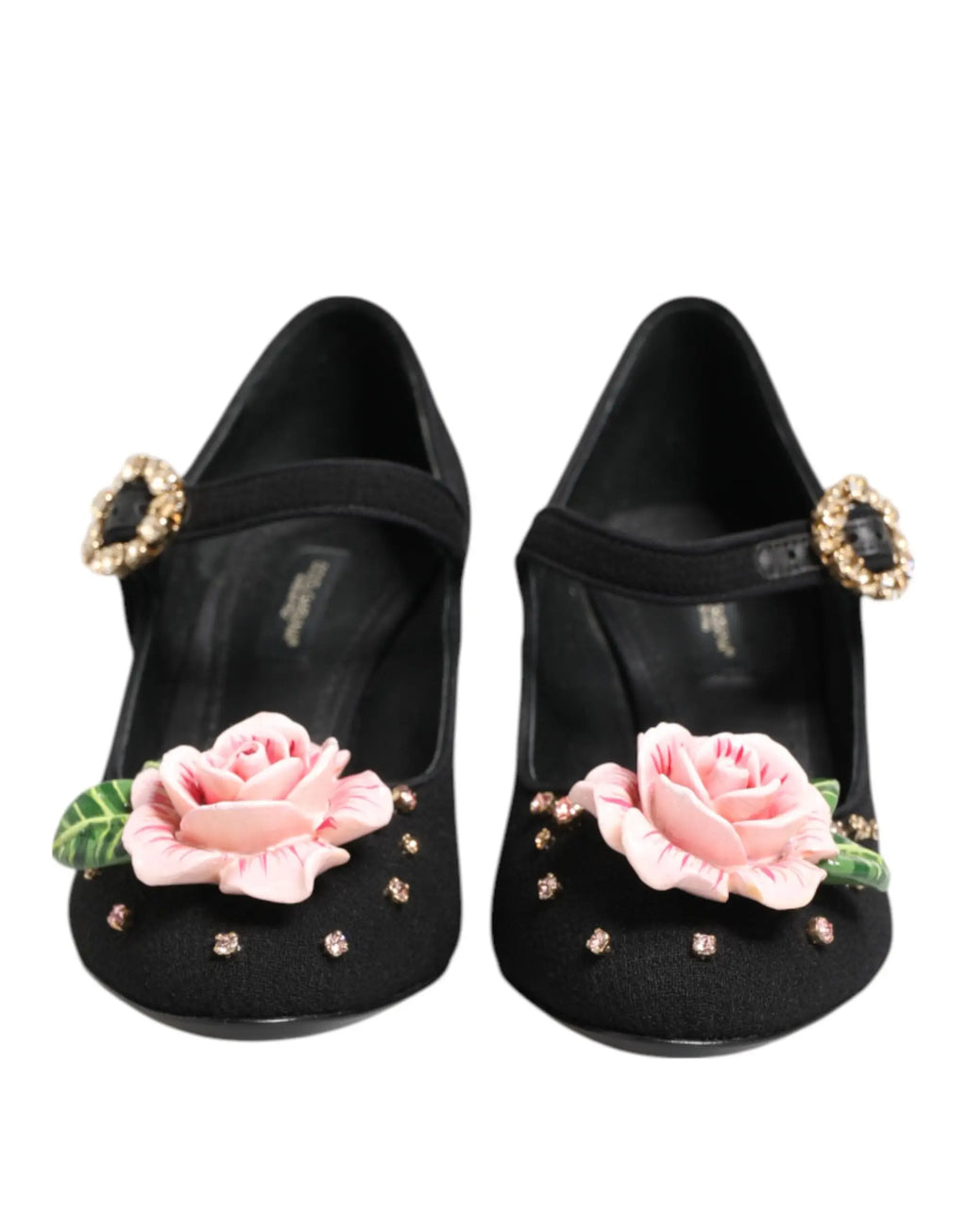 Dolce & gabbana black velvet mary jane flats with pink rose appliqués and gold crystal embellishments