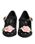 Dolce & gabbana black velvet mary jane flats with pink rose appliqués and gold crystal embellishments