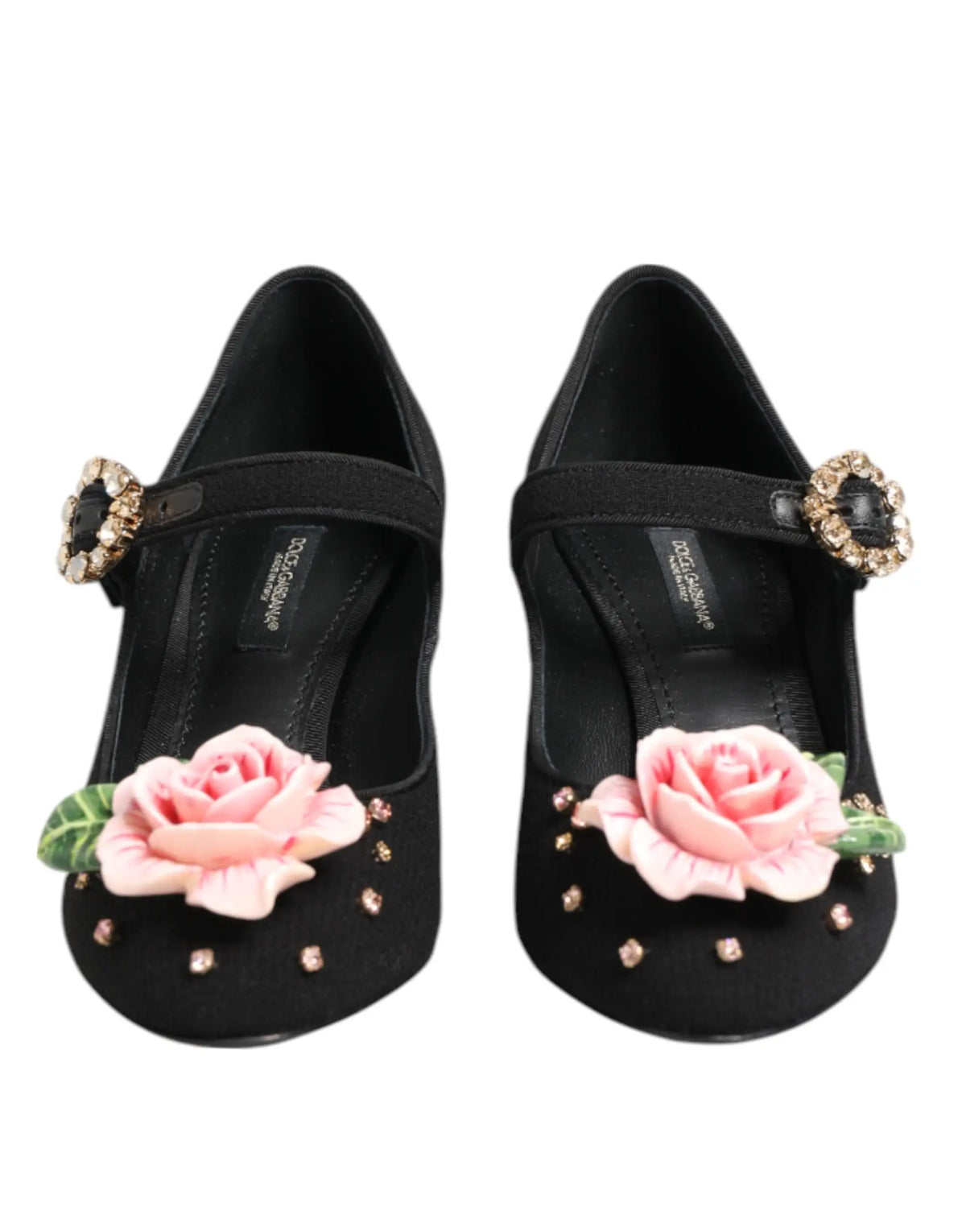 Dolce gabbana mary jane noirs en daim ornés de roses roses et de cristaux élégants