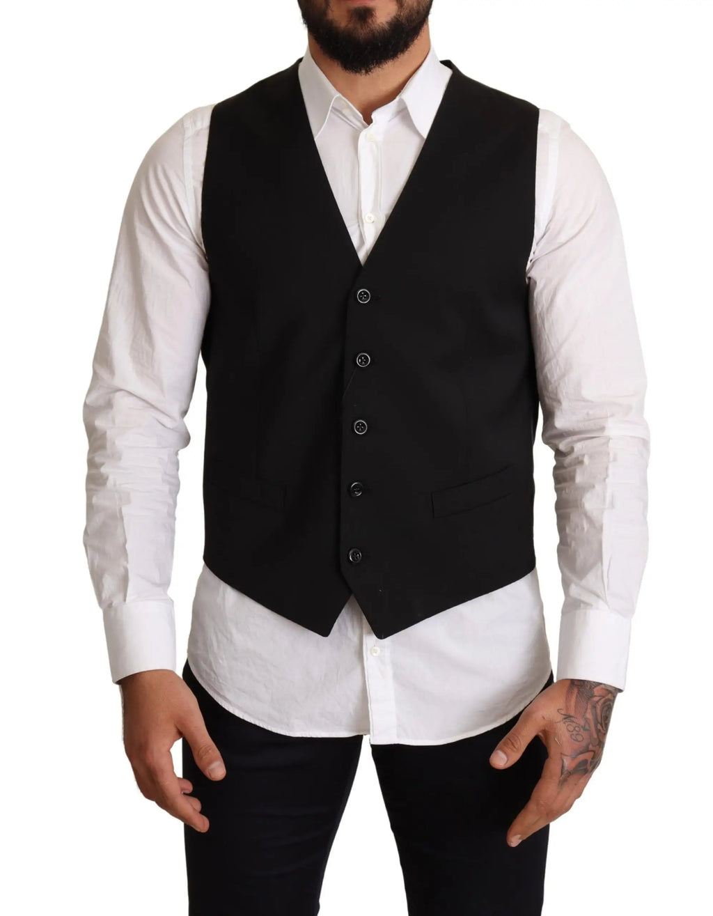 Dolce & gabbana veste formelle noire en laine avec cinq boutons foncés et une poche passepoilée simple