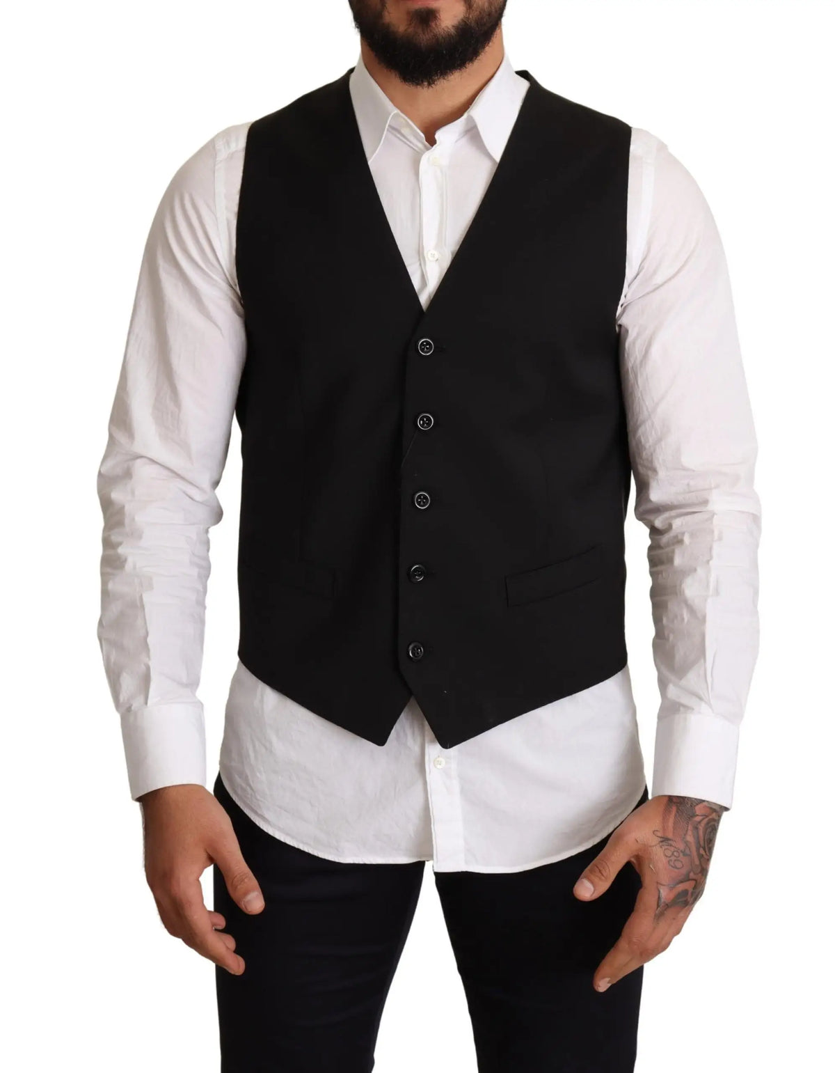 Dolce & gabbana veste formelle noire en laine avec cinq boutons foncés et une poche passepoilée simple