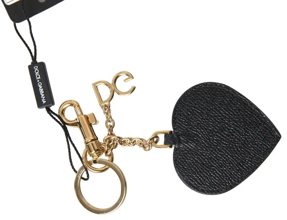 Dolce & gabbana porte-clés en cuir noir en forme de cœur avec accents métalliques dorés et logo dc