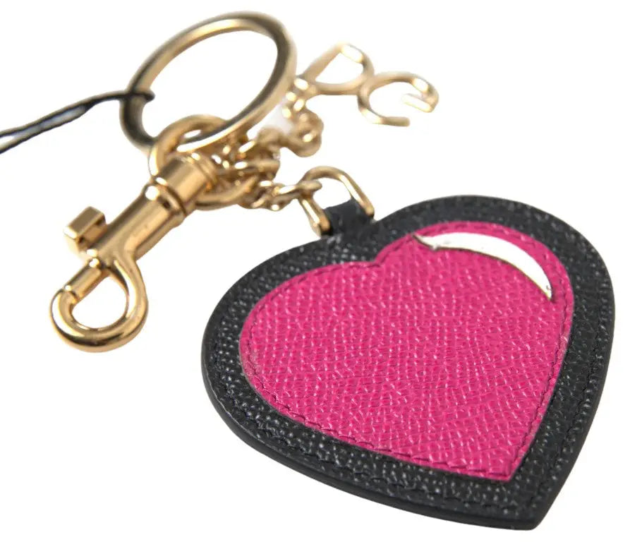 Dolce & gabbana porte-clés cuir en forme de cœur noir et fuchsia avec métal doré