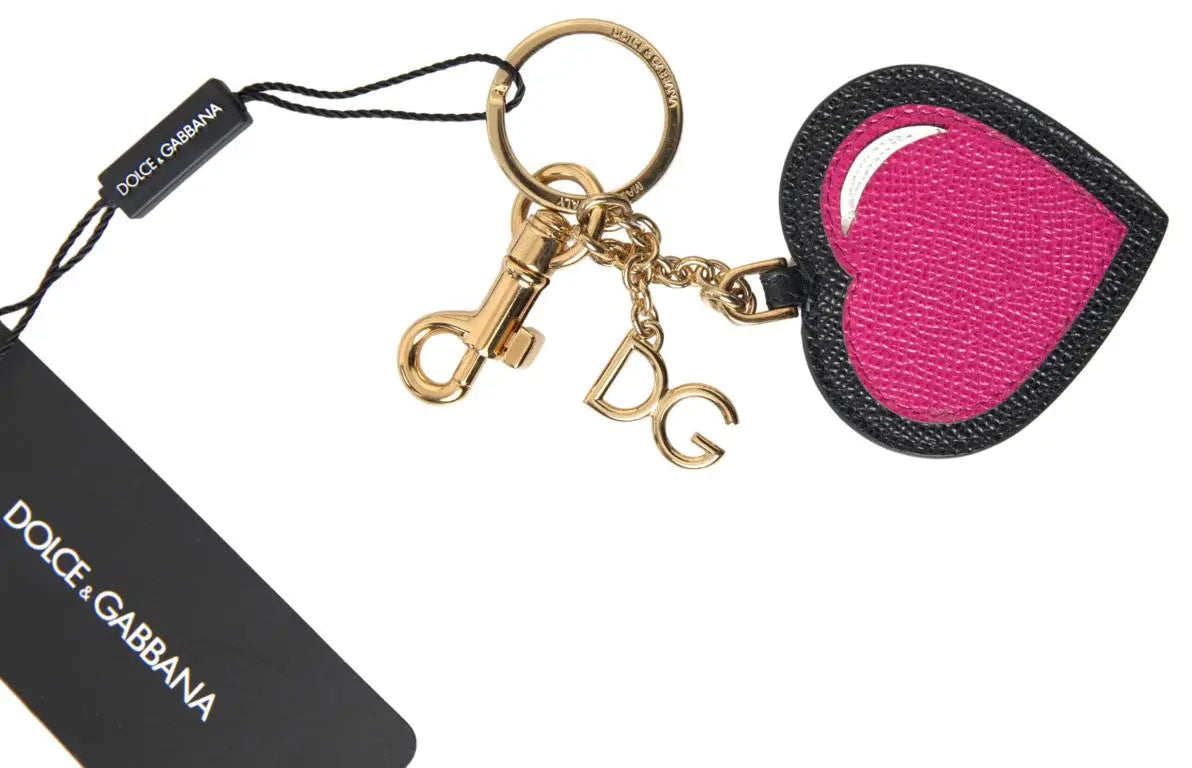Porte-clés dolce & gabbana en cuir noir et fuchsia en forme de cœur avec garniture en cuir noir et métal doré