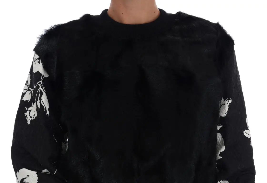 Dolce & gabbana pull zippé en fausse fourrure noire avec broderies florales blanches sur les manches