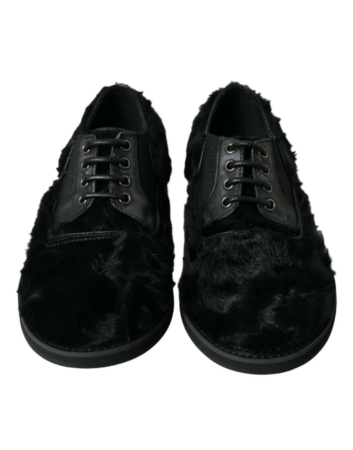 Dolce & gabbana derby en cuir noir avec fourrure intérieure lacets finition mate et détails cousus