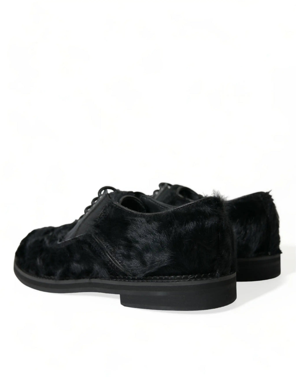 Dolce & gabbana derby noir en cuir avec lacets et doublure en fourrure texturée pelucheuse