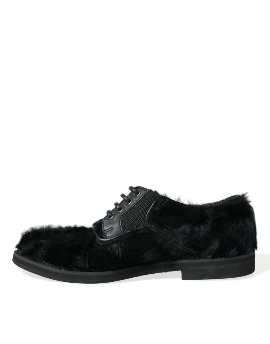 Dolce & gabbana derby de ville noir avec lacets en cuir et fourrure, talon bas élégant