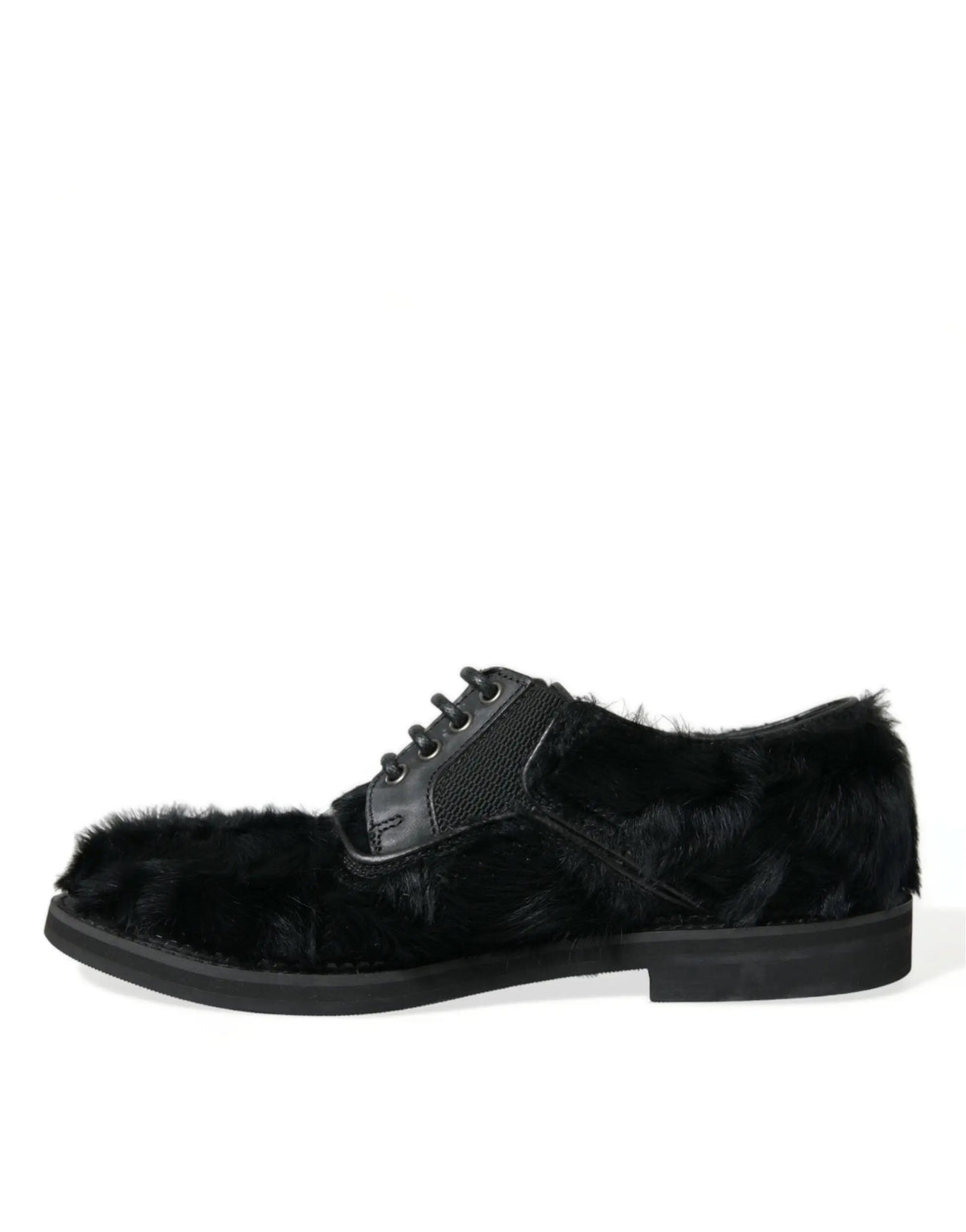 Dolce & gabbana derby de ville noir avec lacets en cuir et fourrure, talon bas élégant