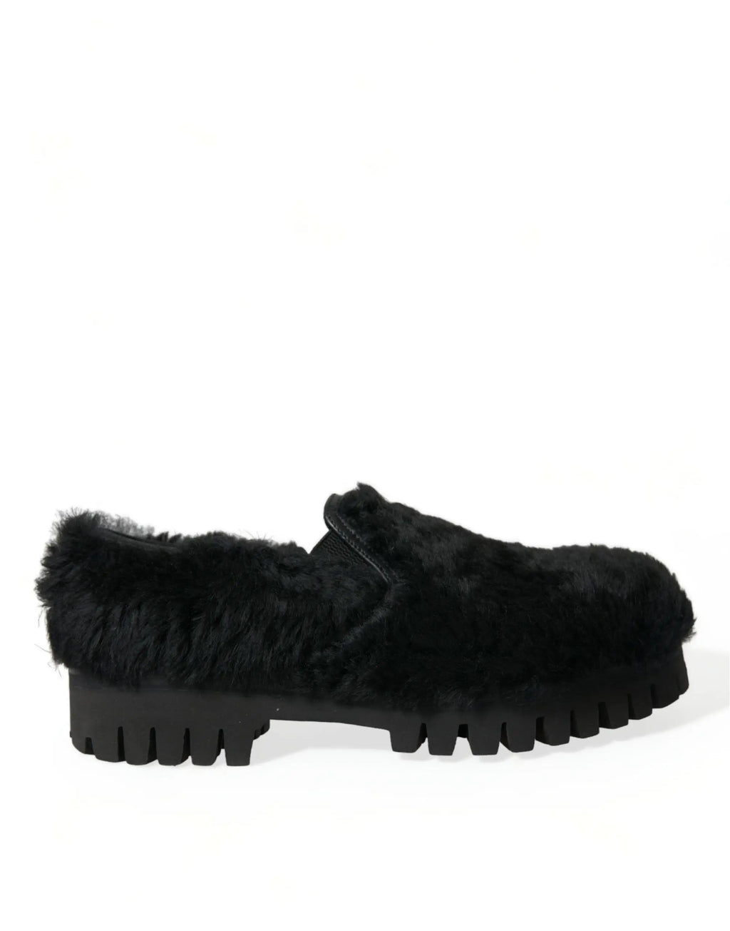 Dolce & Gabbana slippers noirs en cuir avec fourrure et semelle épaisse crantée pour homme élégants