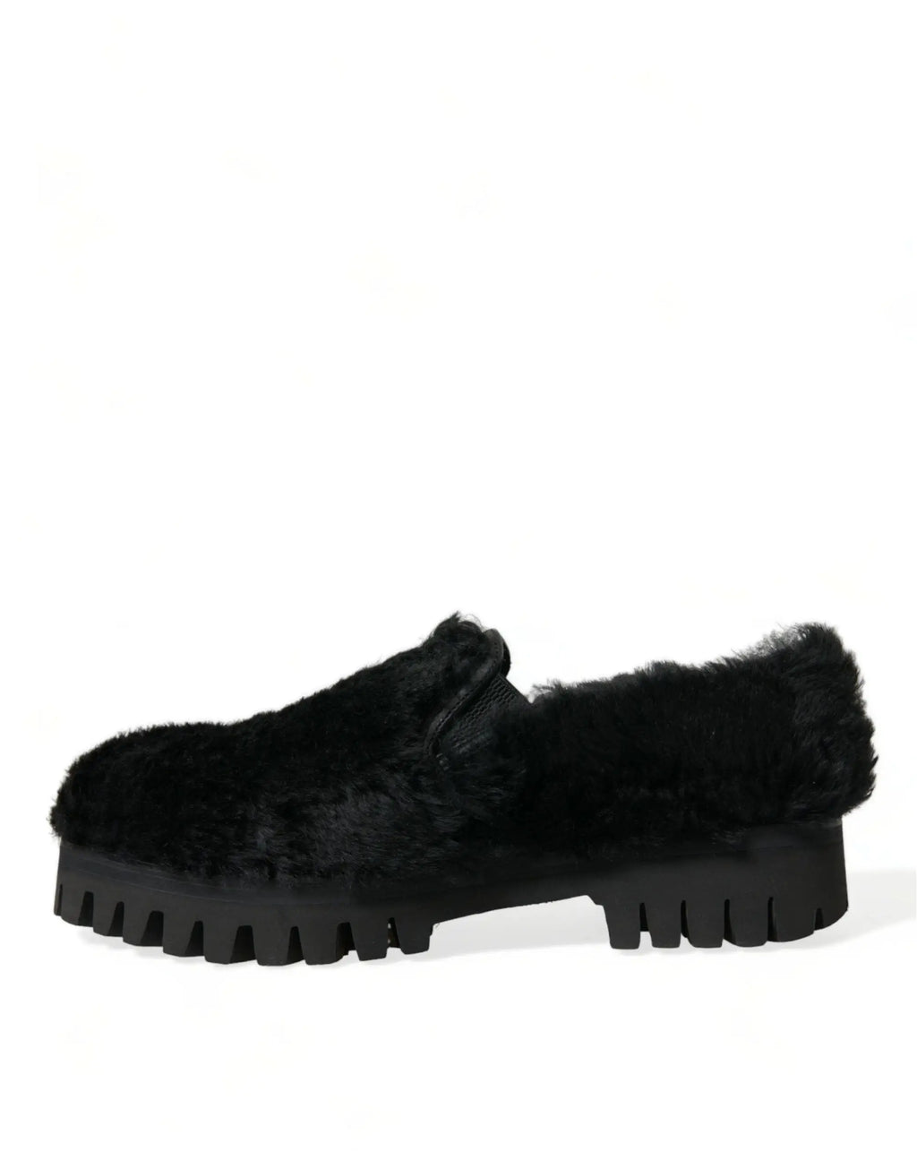 Dolce & Gabbana slippers noires en cuir avec fourrure et semelle épaisse à stries