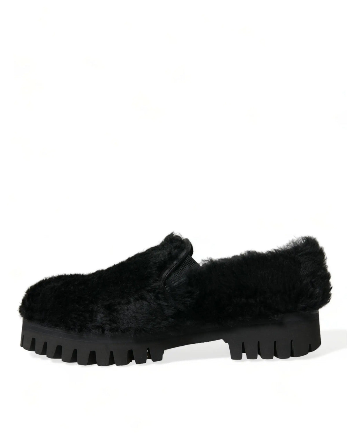 Dolce & Gabbana slippers noires en cuir avec fourrure et semelle épaisse à stries