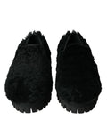 Dolce & gabbana slippers dress shoes noirs en cuir avec fourrure et semelle épaisse texturée