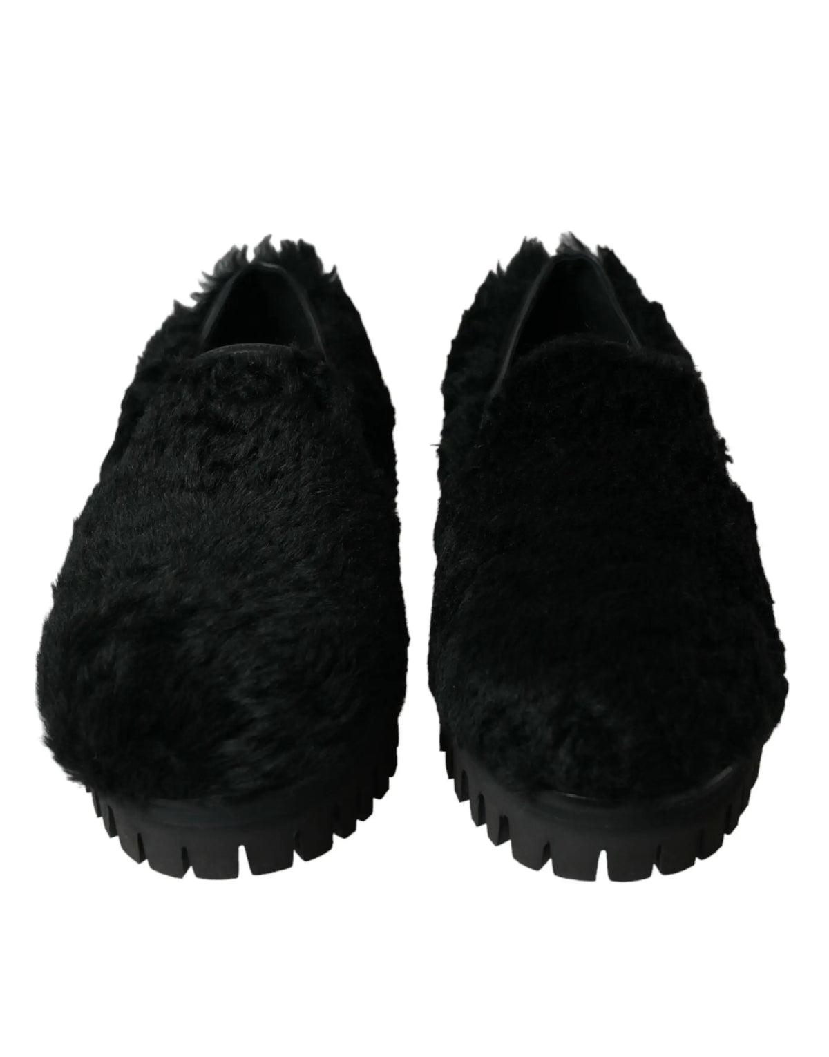 Dolce & gabbana slippers dress shoes noirs en cuir avec fourrure et semelle épaisse texturée