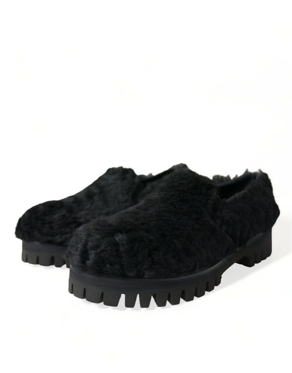 Dolce & gabbana slippers mocassins noirs en cuir avec fourrure et semelle épaisse en caoutchouc texturé