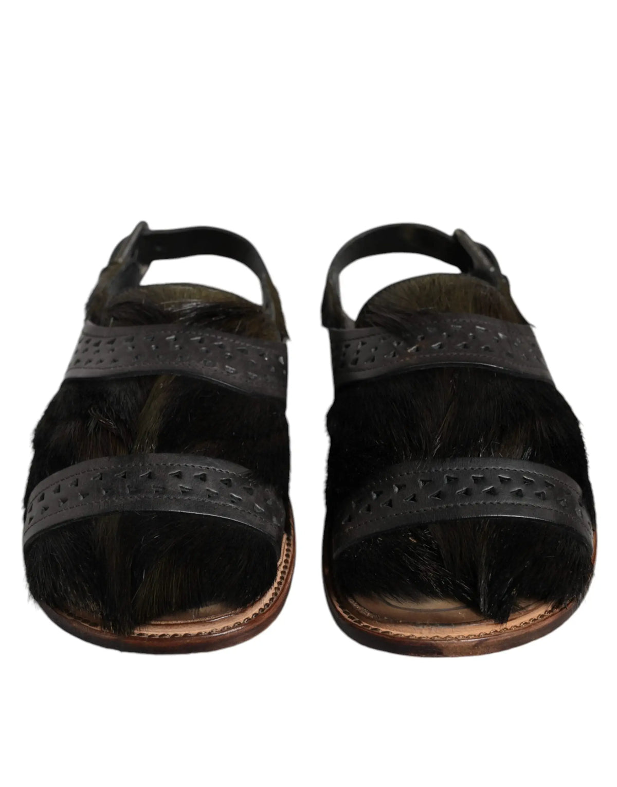 Sandales plates dolce & gabbana noires en cuir gazelle avec intérieur en fourrure et brides perforées décoratives