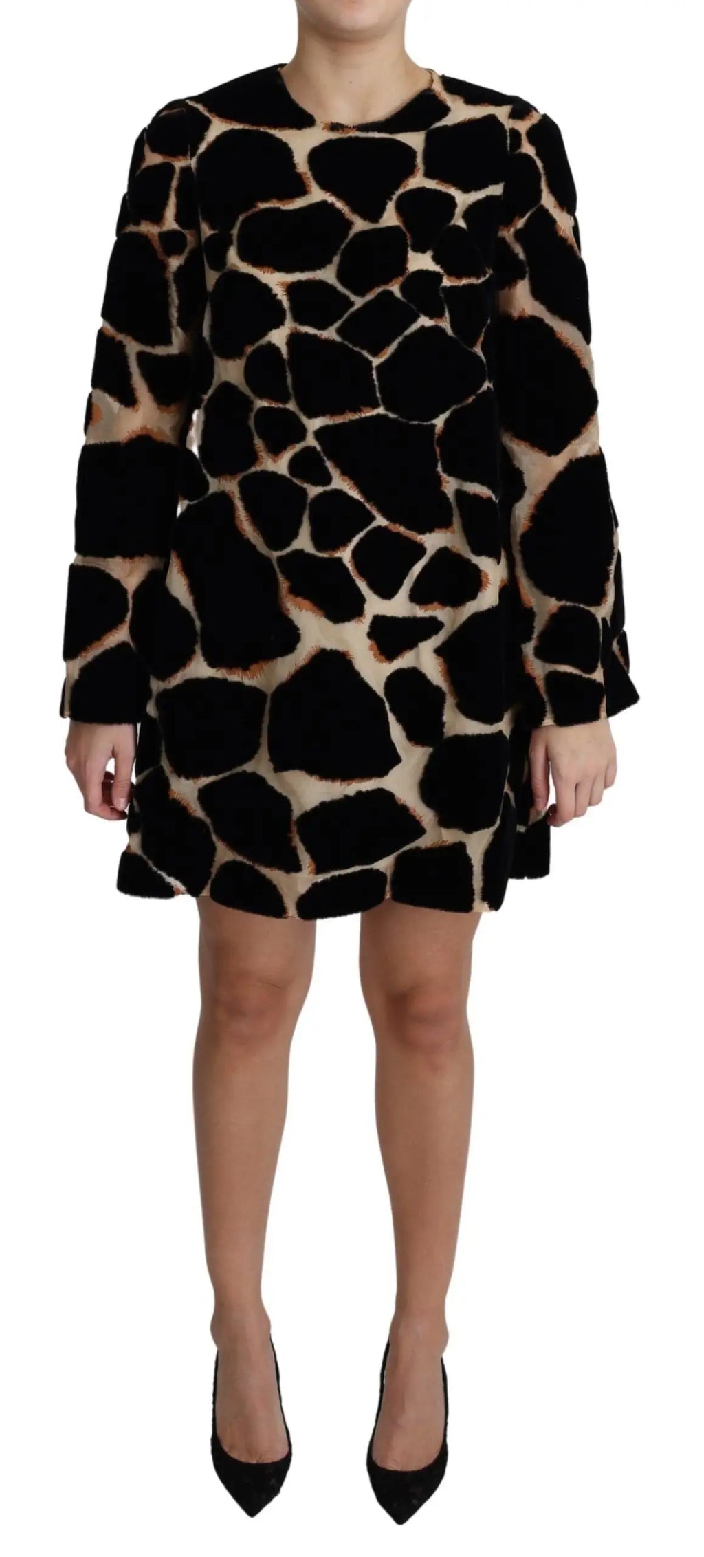 Robe courte droite dolce gabbana noire avec imprimé girafe beige et manches longues