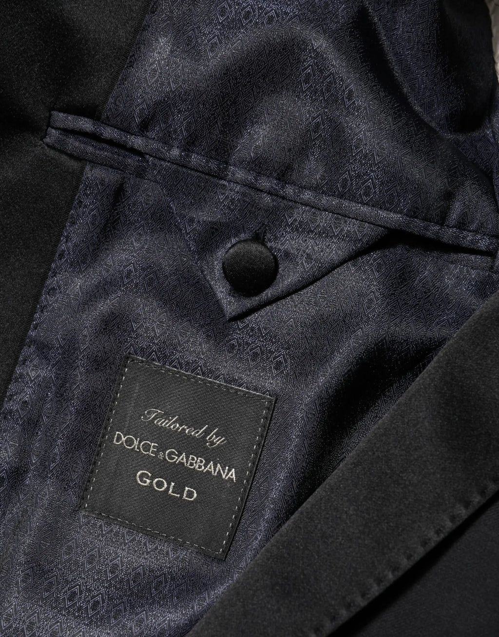 Veste blazer homme dolce gabbana noire à un bouton avec revers en satin noir à motif géométrique et étiquette dorée