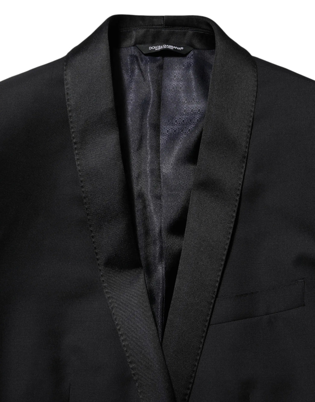 Veste de costume dolce & gabbana noire pour homme avec un bouton or, revers en satin et doublure discrètement imprimée