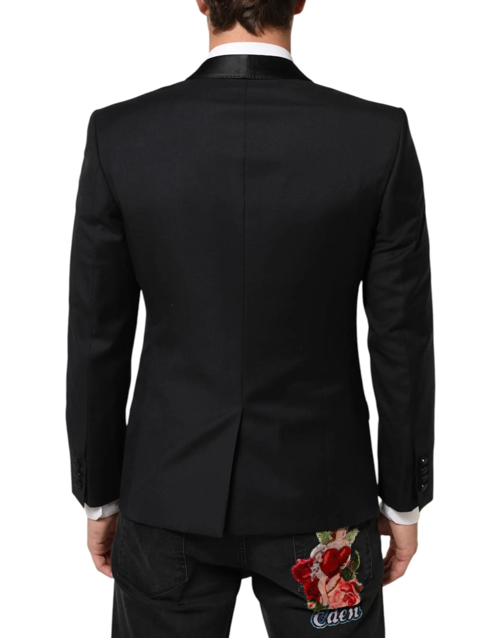 Veste de costume dolce & gabbana noire pour homme avec col en satin et broderie florale sur la poche arrière