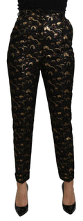 Pantalon taille haute noir dolce & gabbana en brocart or avec motif feuilles scintillantes