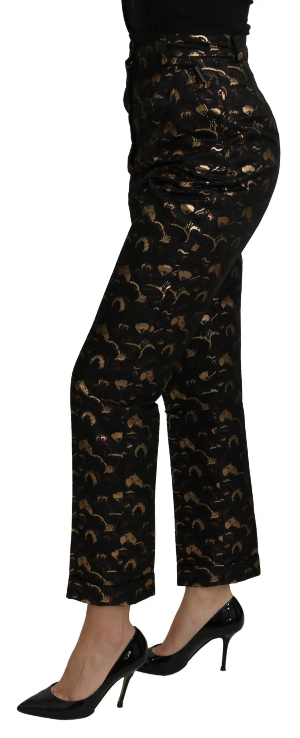 Pantalon taille haute noir dolce & gabbana en brocart or avec motif feuilles scintillantes
