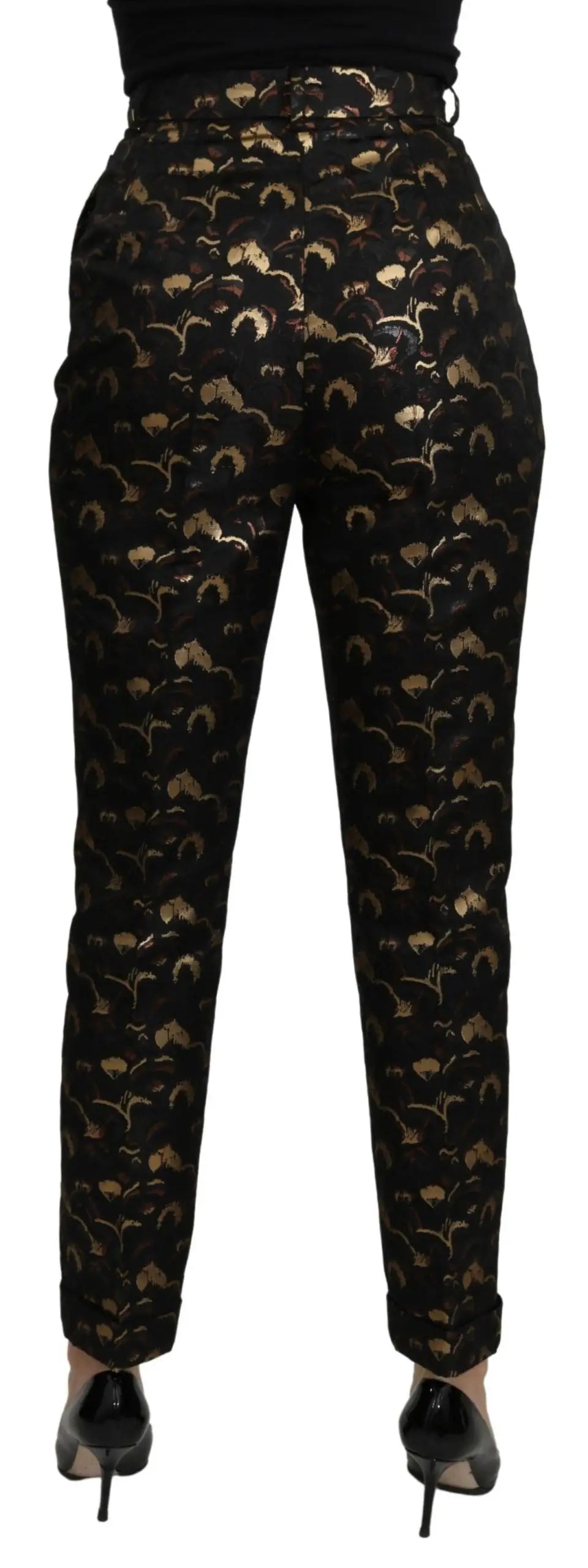 Pantalon taille haute noir dolce & gabbana avec motif feuille dorée subtil en brocart