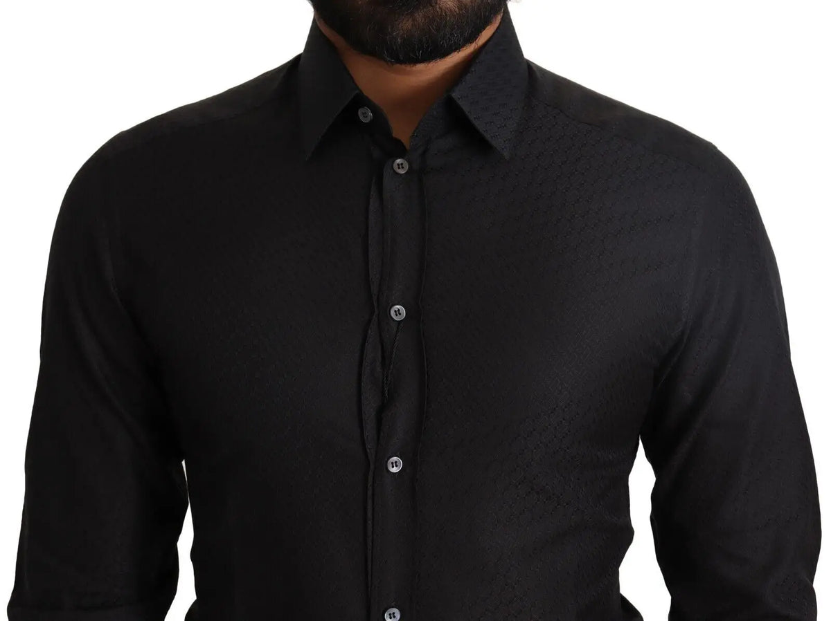Chemise habillée noire dolce gabbana gold coton slim pour homme avec motif texturé subtil et boutons argentés