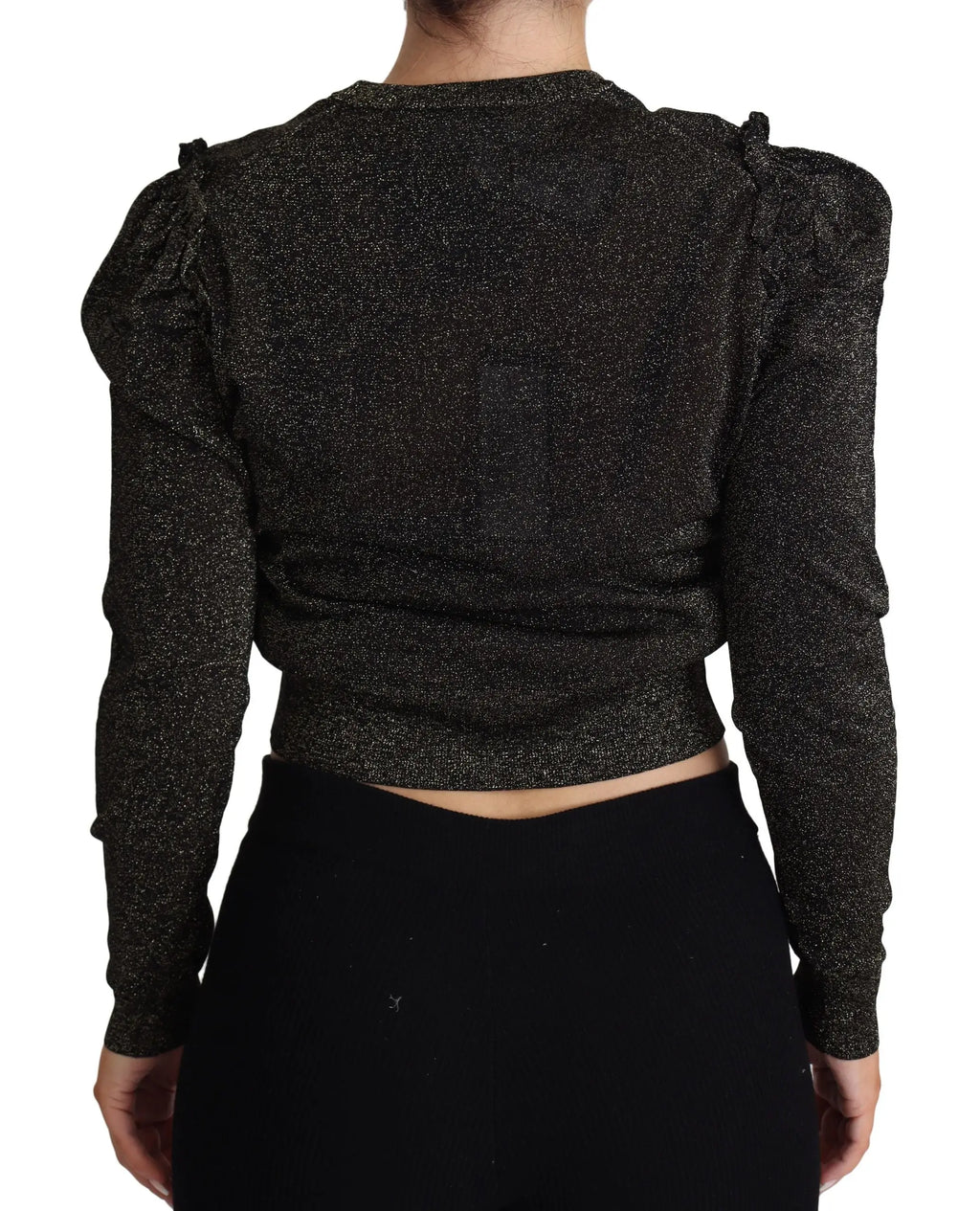 Pullover court noir et or Dolce & Gabbana pour femme avec épaules bouffantes et manches longues scintillantes