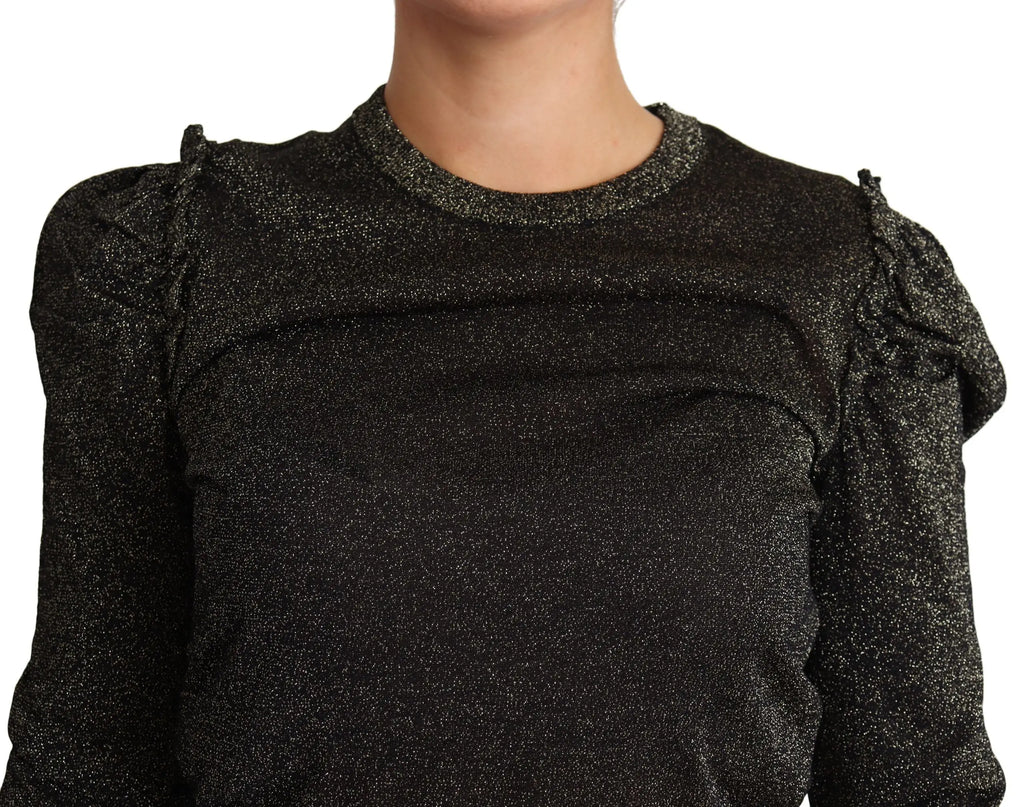 Pull noir scintillant dolce & gabbana à manches longues bouffantes froncées en tissu texturé et pailleté