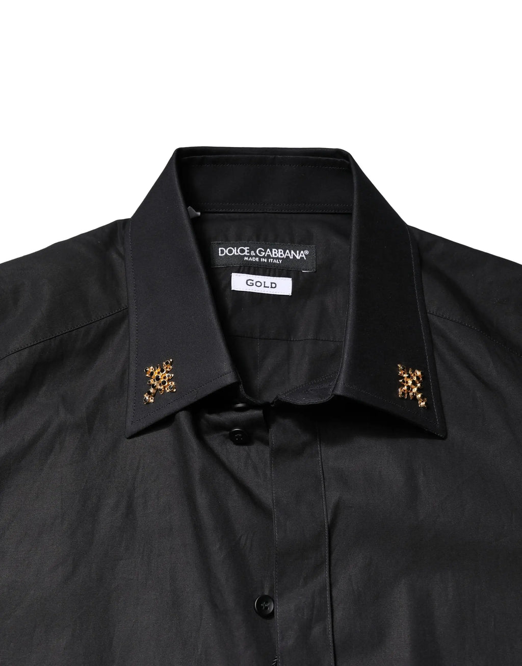 Chemise noire dolce gabbana homme avec broderies léopard dorées sur les pointes du col en tissu élégant