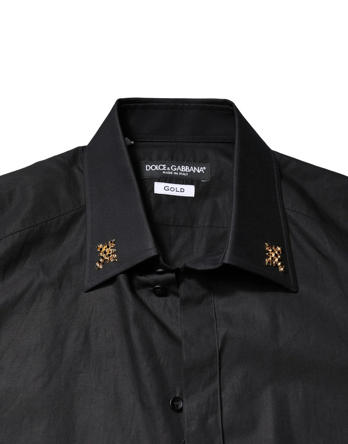 Chemise noire dolce gabbana homme avec broderies léopard dorées sur les pointes du col en tissu élégant