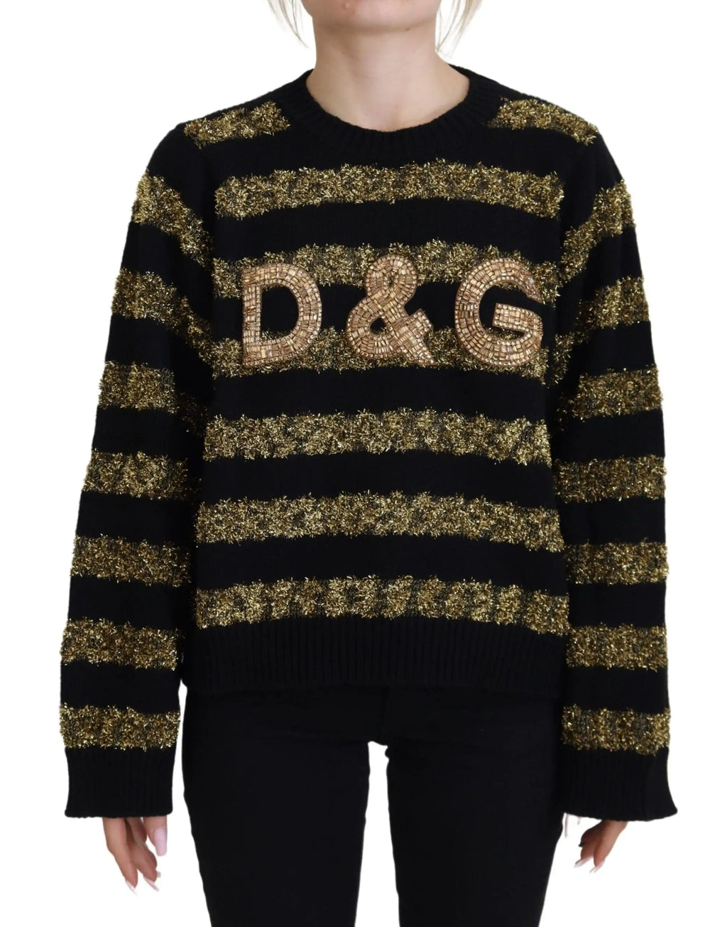 Pull dolce gabbana noir et or à rayures avec logo d et g en sequins en cachemire cristal