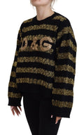 Pull dolce & gabbana en cachemire noir et or avec rayures et logo d&g cristal sequiné